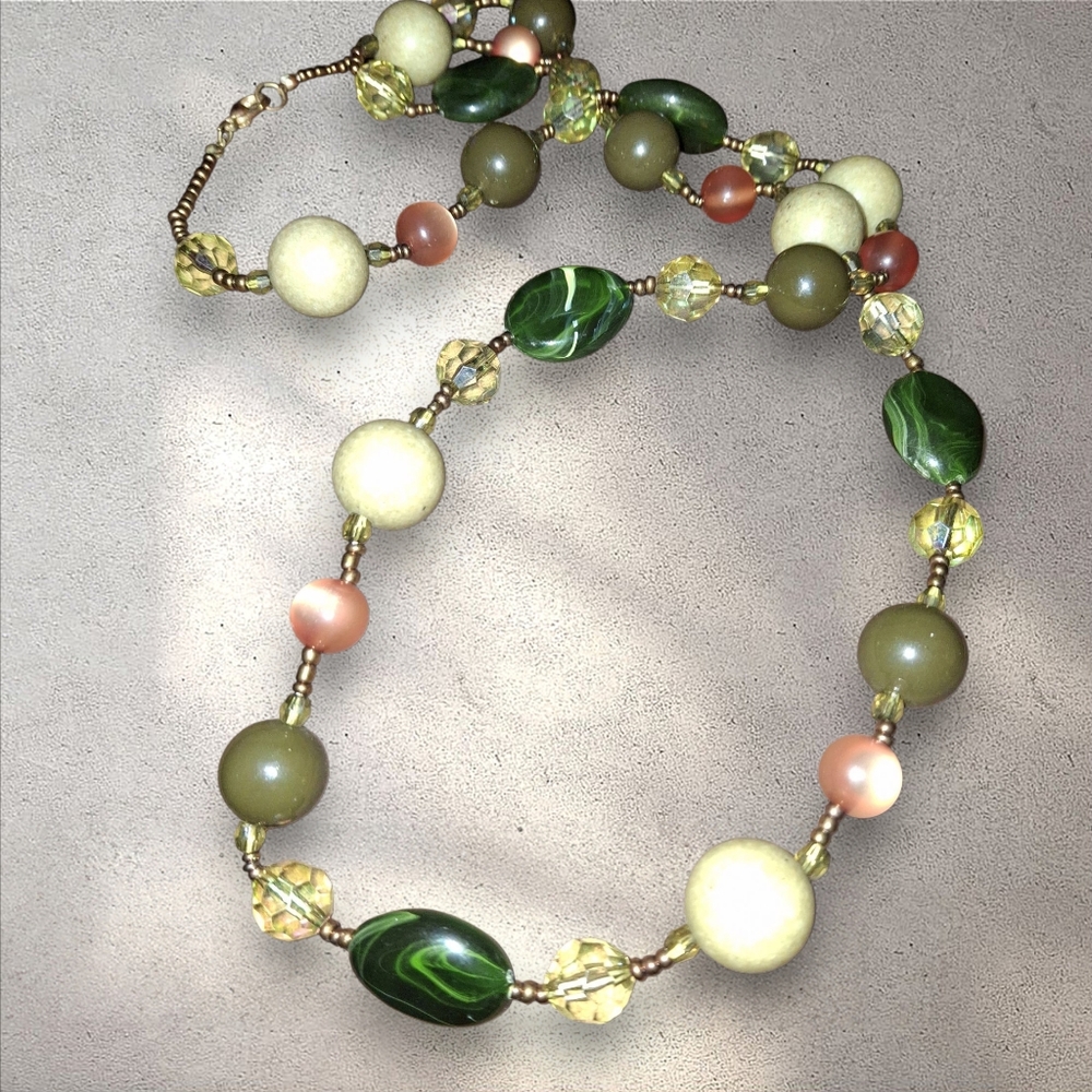Vintage Necklace Multicolor Acrylic Wood? Beads faceted~32in boho earthy